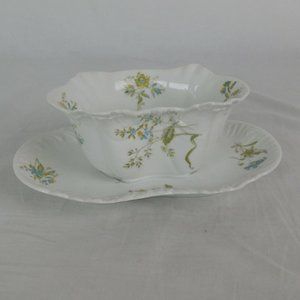 Redon M Limoges 5069 Blue & Yellow Flowers Green Leaves Gravy Boat w/Underplate